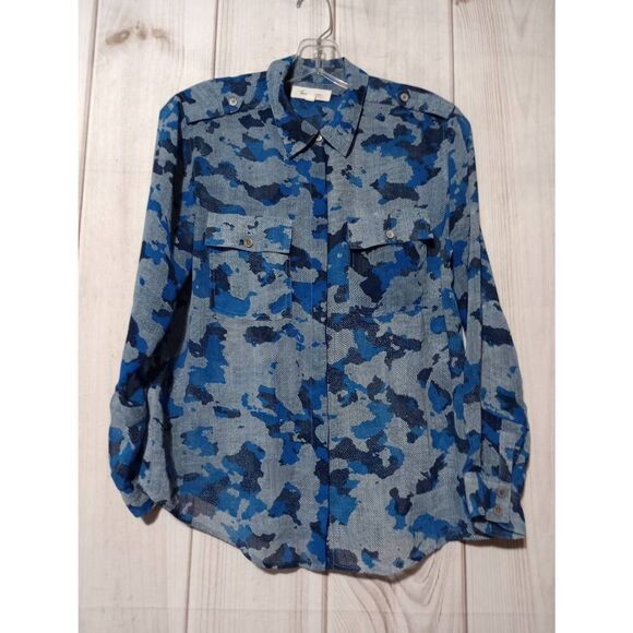 Vince Camuto Shirt Ladies Small Blue‎ Camouflage Button Front Semi Sheer - Picture 1 of 8